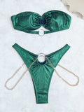 sexy metallic green bandeau bikinis sets two pieces metal chain high waist thong swimsuit bathing suit swimwear biquini bakini