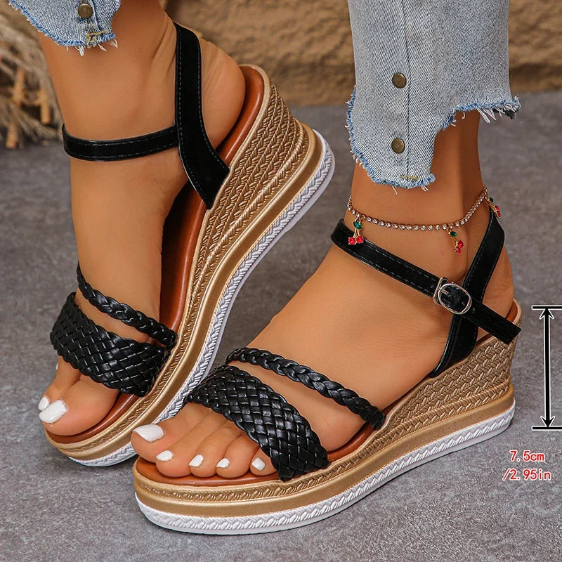 2026 Weave Wedge High Heel Sandals Women Summer Chunky Platform Rome Sandals Woman Plus Size 43 Ankle Buckle Thick Sole Sandles