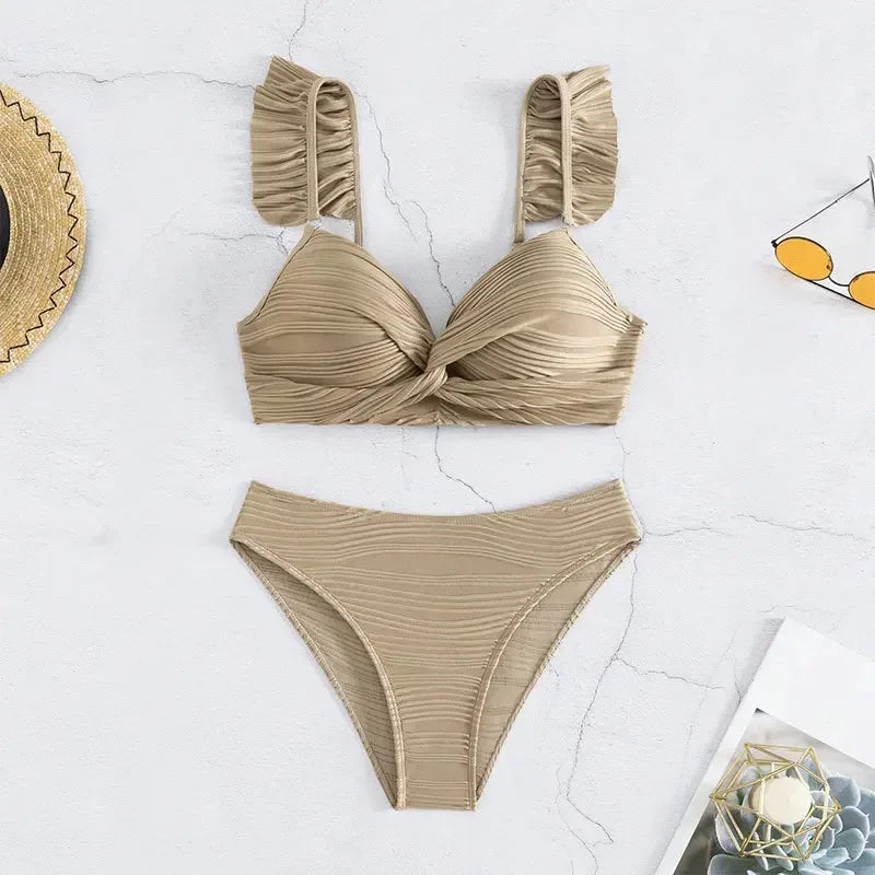 Wrinkled Ruffle Frilled Bra Cup Bikinis 2026 Female Swimsuit Women Swimwear Two Pieces Bikini Set Push Up Beachwear Bathing Suit