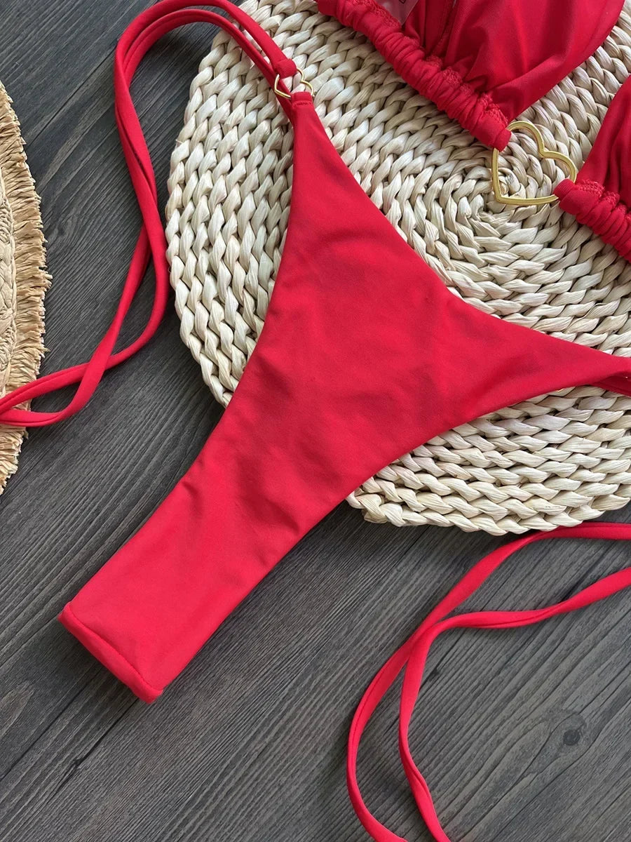 Metal Heart-shaped Halter Brazilian Bikini Female Swimsuit Women Thong Swimwear Two-pieces Bikini Set Bather Bathing Suit Swim