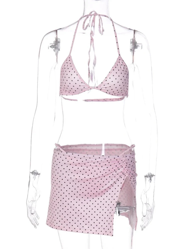 FDYOUI Women's Polka Dot Print Pink Swimsuit Lace-up Bras Panties Split Skirts 3 Pieces Bikinis Sets Bathing Suit Beach Swimwear