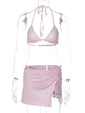 FDYOUI Women's Polka Dot Print Pink Swimsuit Lace-up Bras Panties Split Skirts 3 Pieces Bikinis Sets Bathing Suit Beach Swimwear