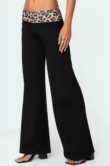 Women's spring and summer leopard print stitching micro-flared high-waisted casual trousers