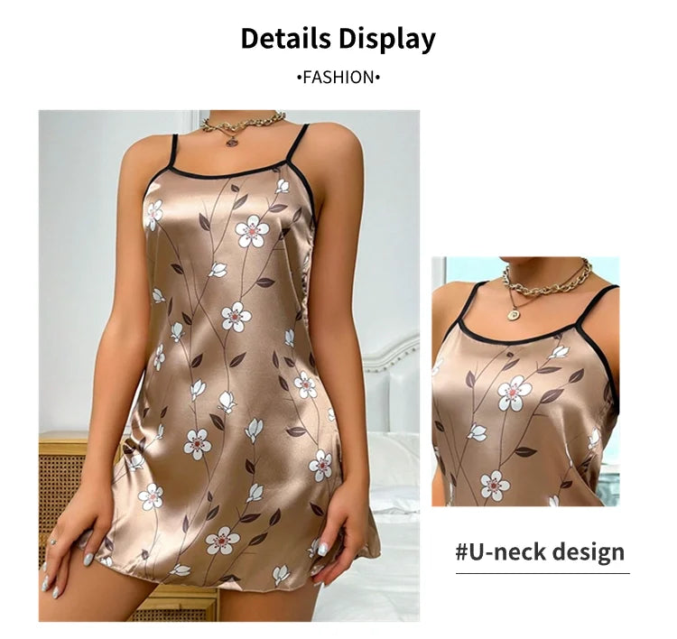 Women's Sleepwear Summer Floral Print Satin Nightgown Casual Sleeveless Backless Slip Night Dress Sexy Nightdress Home Clothes