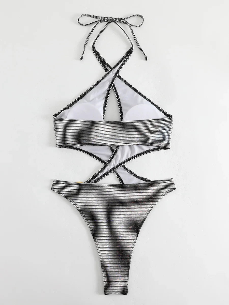 2025 Sexy High Cut Out Halter Female Swimwear One Piece Swimsuit Women Cross Bandage Monokini Bather Bathing Suit Swim Beachwear
