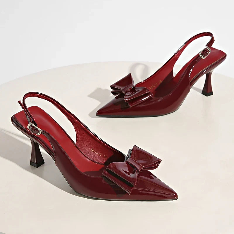 Sexy Wine Red High Heel Sandals Women Bowknot Pointed Toe Stiletto Heels Mules Shoes Woman Fashion Slip On Party Dress Shoes