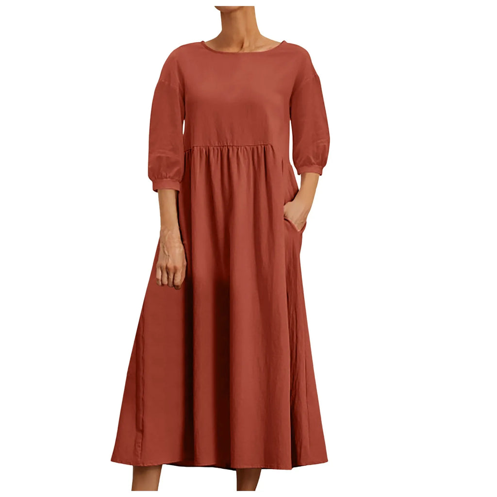 Womens Casual Summer Cotton Dress With Pockets 3/4 Sleeve Loose Midi Shirt Dress Women Dresses With Short Sleeves Vestidos