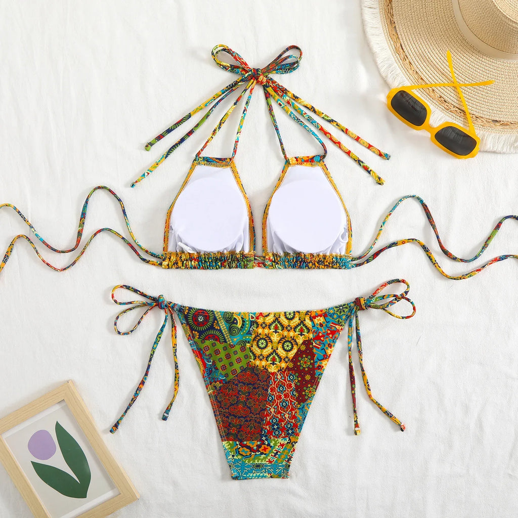 2026 String Triangle Printed Bikini Women Sexy Swimwear Female Halter Swimsuit Solid Bathers Bathing Swimming Swim Suit Beach