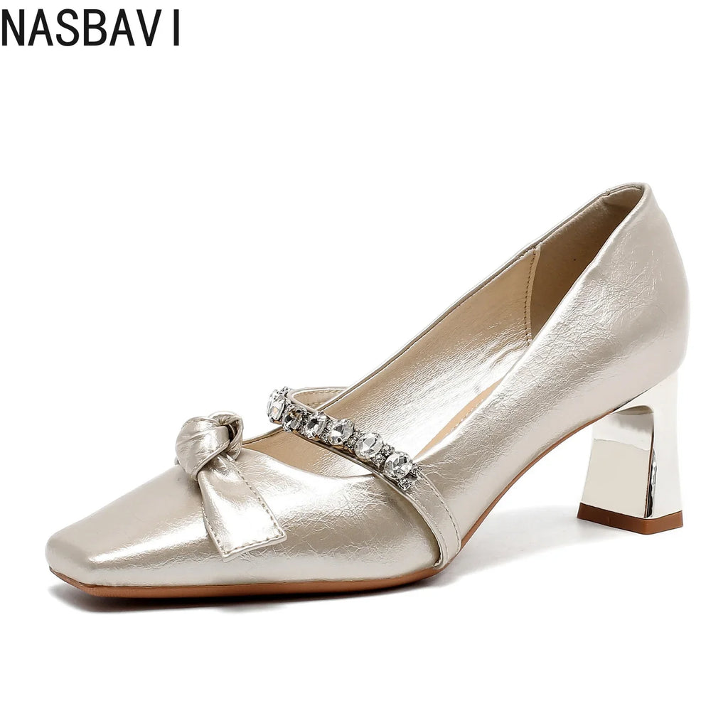 Women's High Heels Mary Janes Square Head Embellished with Water Diamonds Low Cut Knots Thick Heels Fashionable Party Shoes