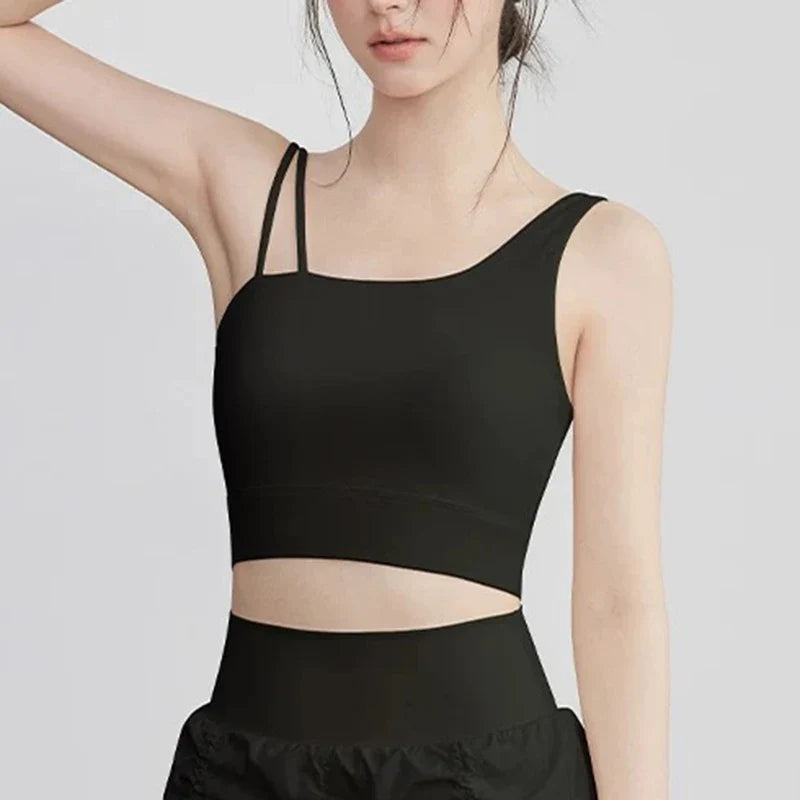Women's Irregular Shoulder Strap Yoga Sports Bra Shockproof One-Piece Cup Running Vest for Training Fitness And Yoga