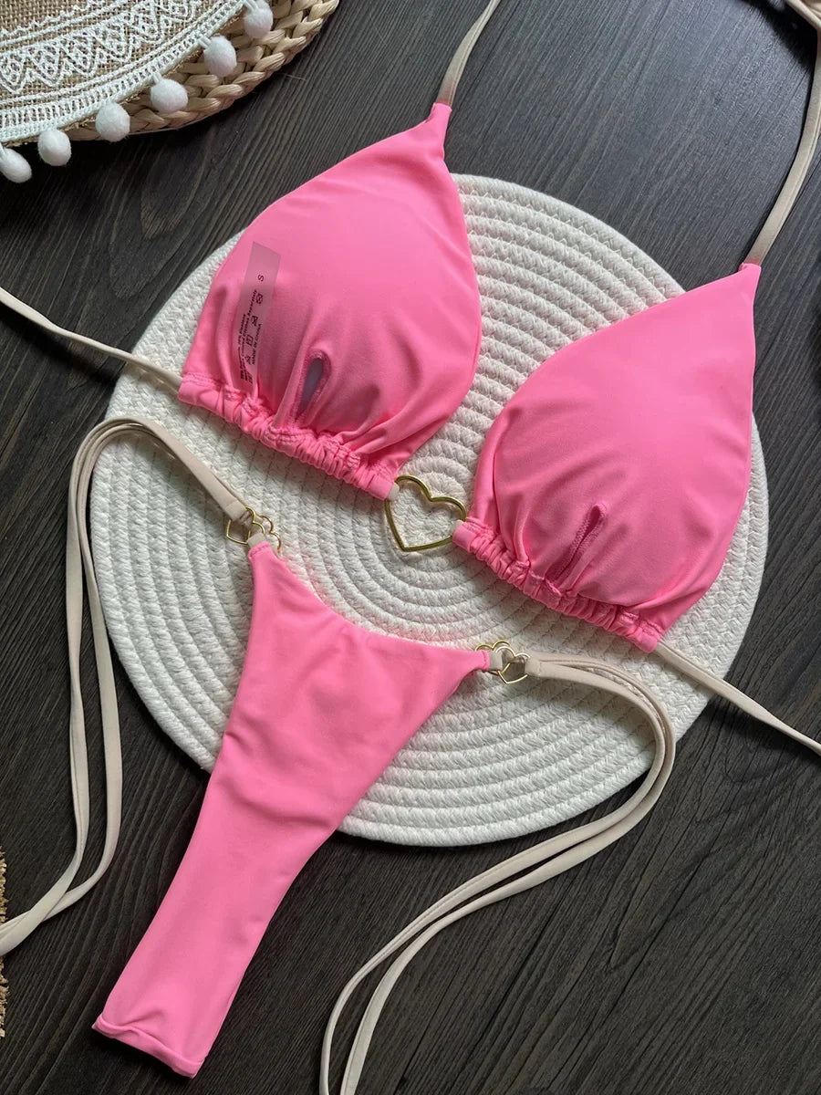 Heart-shaped Halter Micro Thong Bikini Female Swimsuit Women Swimwear Two-pieces Bikini Set Brazilian Bather Bathing Suit Swim