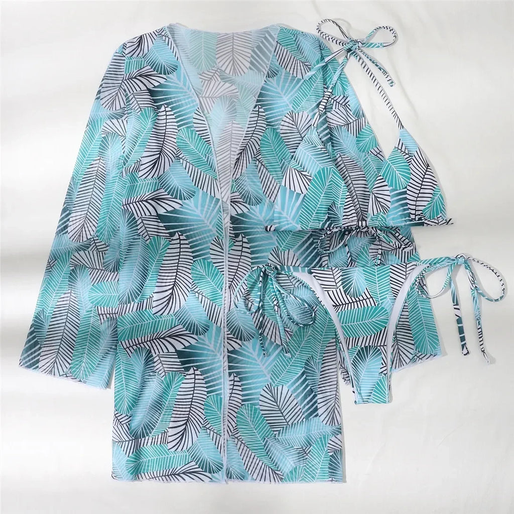 With Cover Up Leaves Printed Bikini Women Swimwear Female Swimsuit Three-pieces Bikini Set Bather Bathing Suit Swim Beachwear