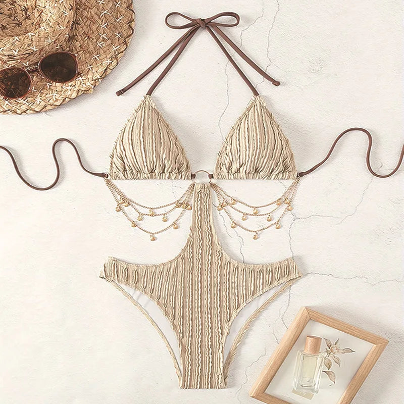 sexy ribbed metal chain swimsuit one piece hollow waist bikinis halter swimwear bodysuits women biquini bathing suits tankini
