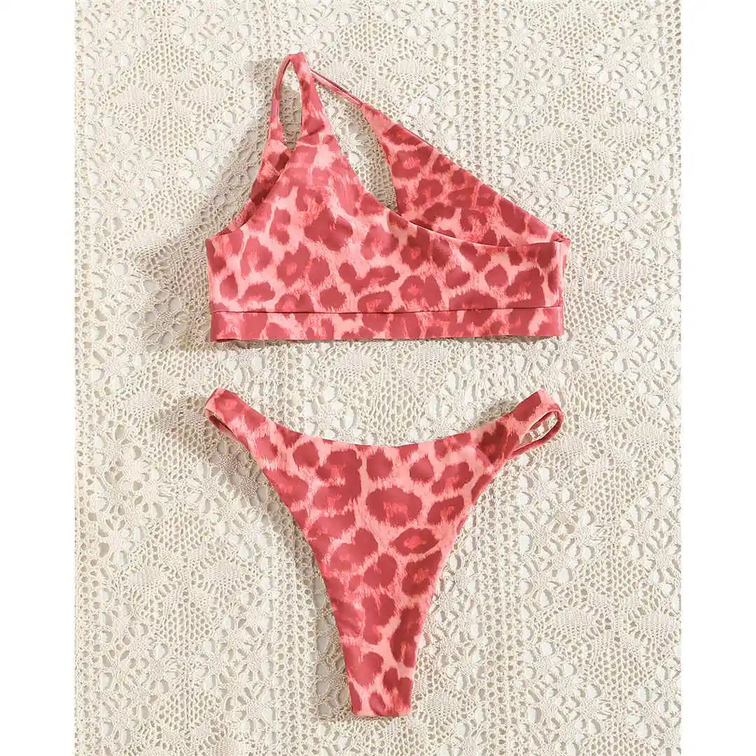 New Leopard Asymmetric Bikini Female Swimsuit Women Swimwear Two-Pieces Bikini Set One Shoulder Bather Bathing Suit Swim V2884