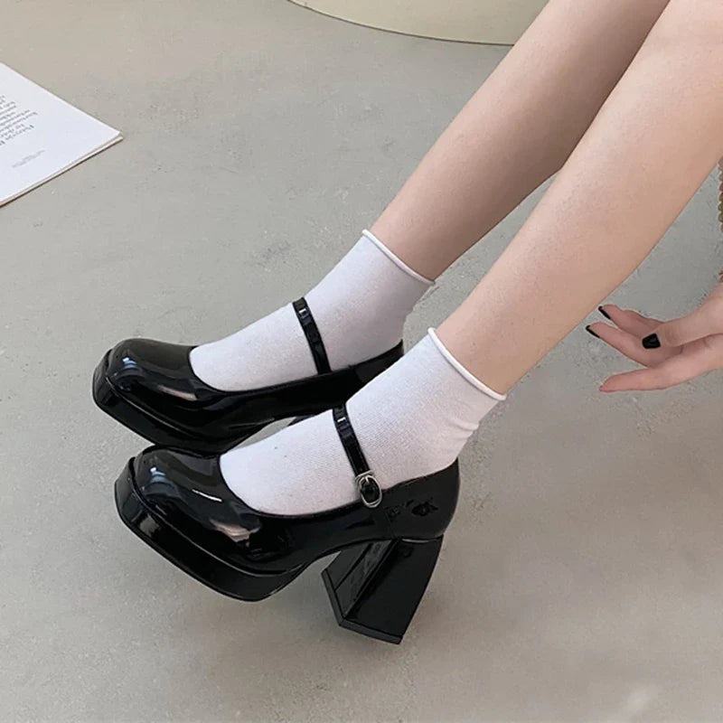 Patent Leather High Heel Mary Jane Shoes Women Elelgant Buckle Strap Platform Pumps Woman Chunky Heels Punk Lolita Shoes Female