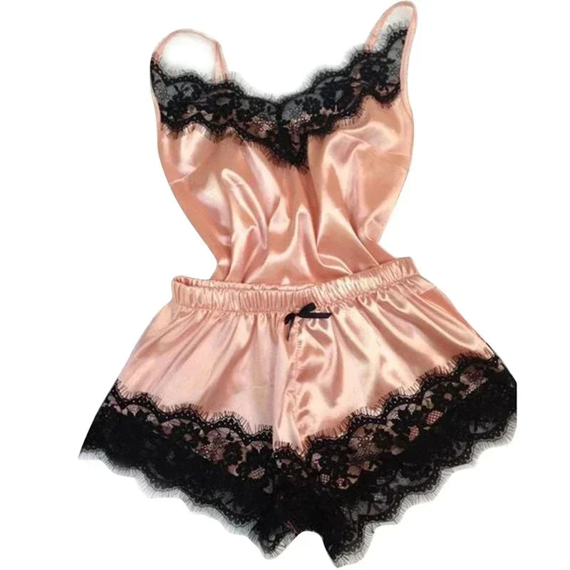 Summer Lace Silk Pajama Set Women Sleepwear Sexy Lingerie Camisole Shorts Cami Top Comfortable Casual Pijamas