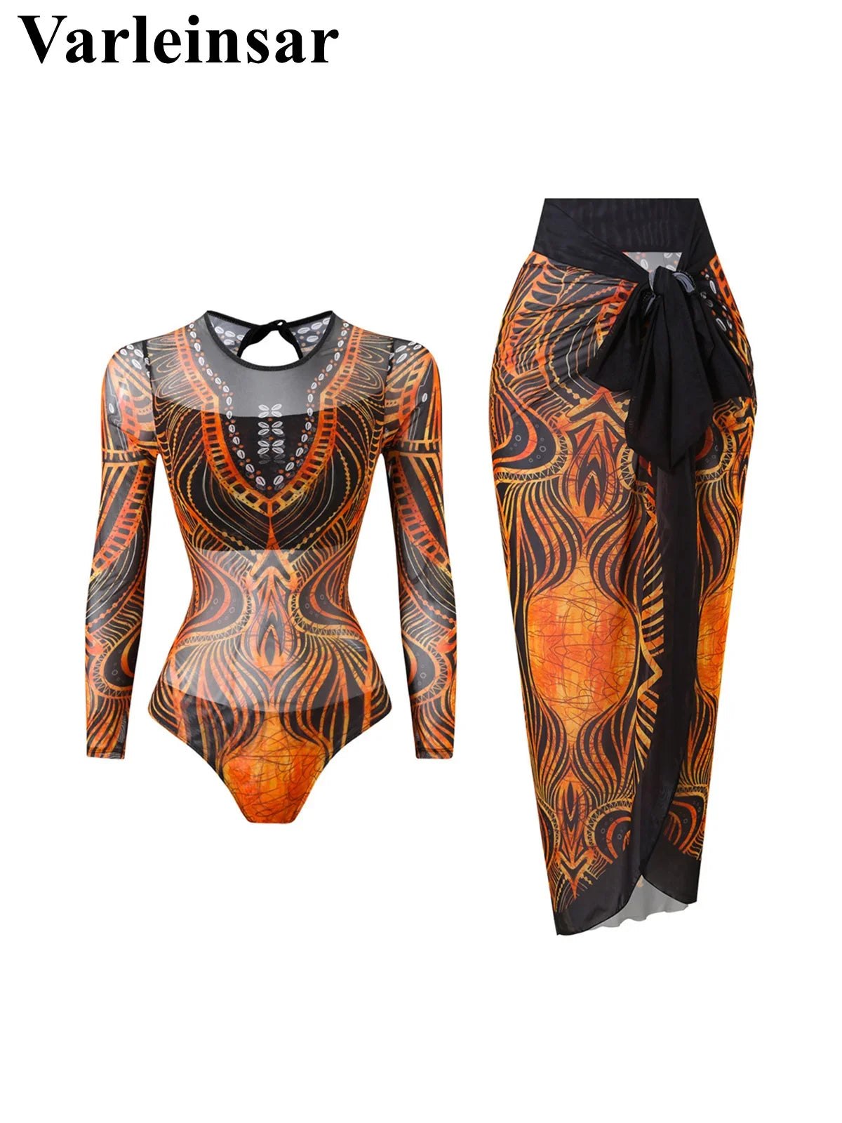 S - XXL Printed Long Sleeve With Sarong One Piece Swimsuit Women Swimwear Female Flowers Padded Bather Bathing Suit Swim V7181