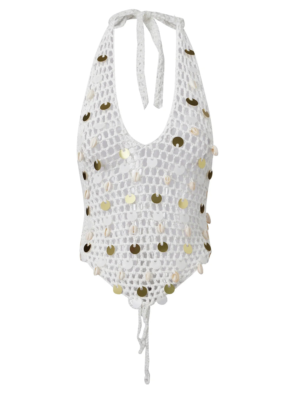 Women Halter Neck Sleeveless Crochet Hollow Out Sequin Seashell Decor Crop Vest Summer Tank Tops for Vacation Beach