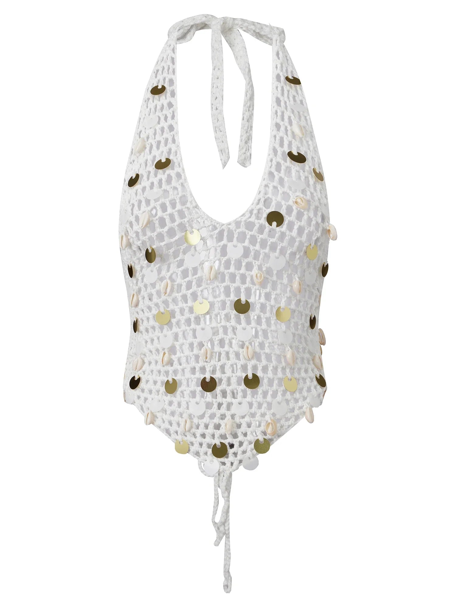 Women Halter Neck Sleeveless Crochet Hollow Out Sequin Seashell Decor Crop Vest Summer Tank Tops for Vacation Beach