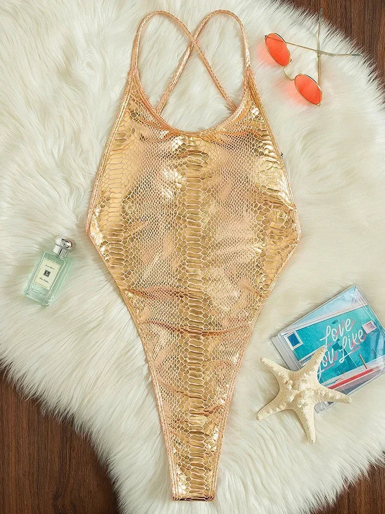 Snake Skin Extreme Mini Micro Thong Swimsuits Cross Backless Women Swimwear One Piece Swimsuit Female High Cut Bathing Suit Swim