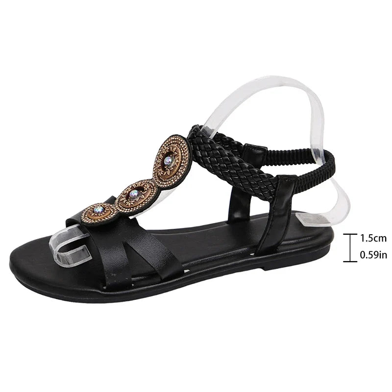 Summer Gold Crystals Flat Sandals for Women Plus Size 43 Slip On Gladiator Sandals Woman Weave Strap Soft Sole Bohemia Sandles