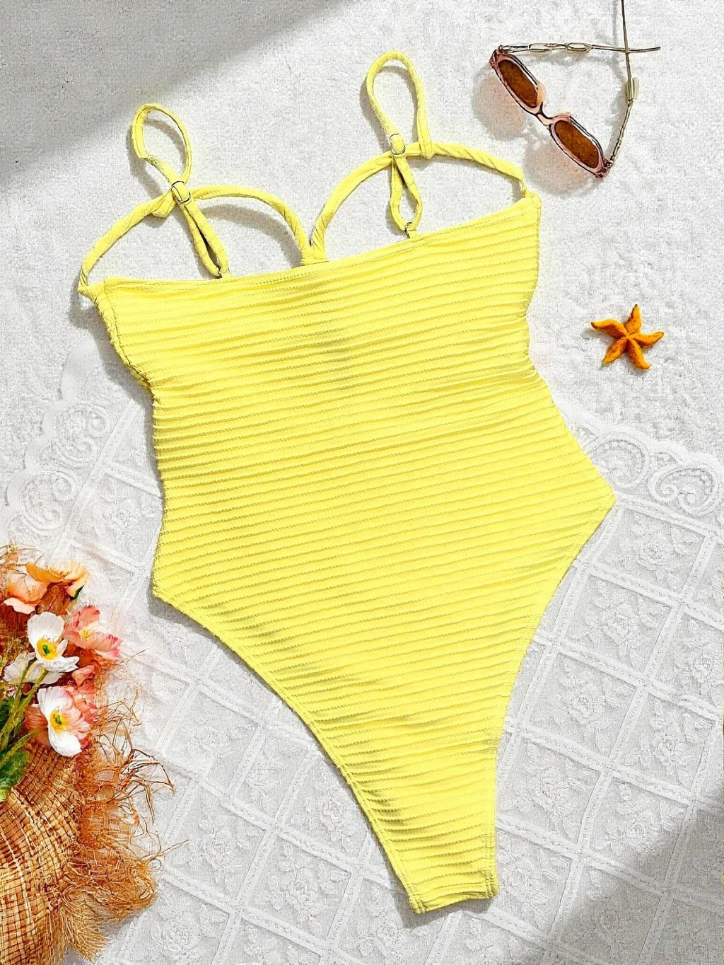DEAK Sexy Yellow Hollowed Out One Piece Swimsuit For Women Cross Swimwear Female Drawstring Bodysuit Bathing Suit Beachwear