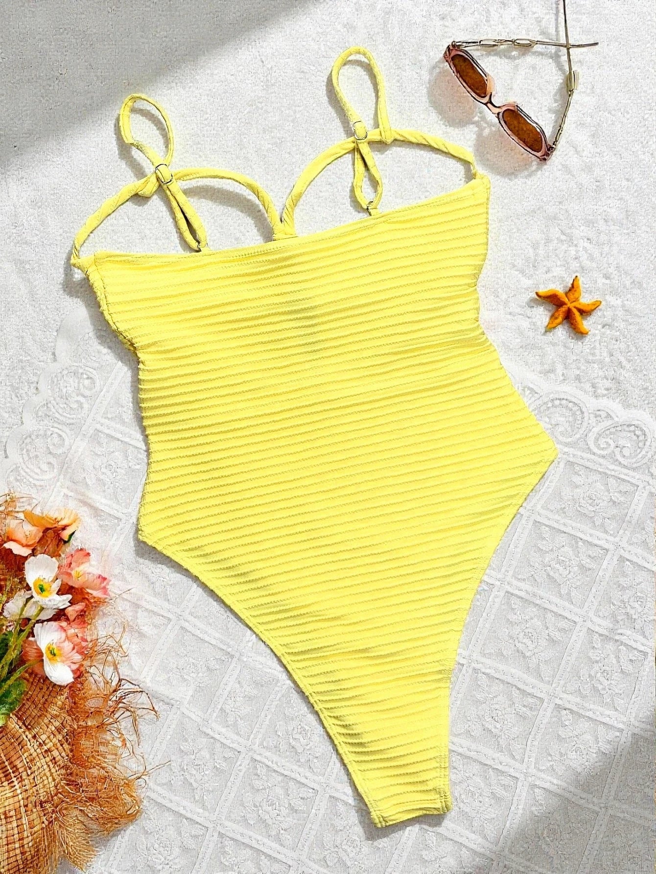 DEAK Sexy Yellow Hollowed Out One Piece Swimsuit For Women Cross Swimwear Female Drawstring Bodysuit Bathing Suit Beachwear