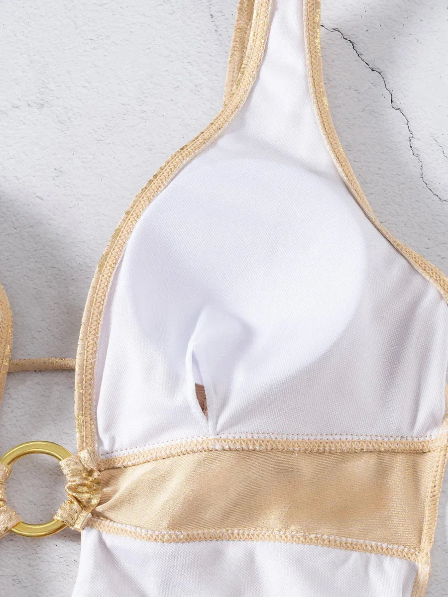 Golden Glitter Deep V Neck One Piece Swimsuit Women Swimwear Female Backless Monokini High Leg Cut Bathing Suit Swim Beachwear