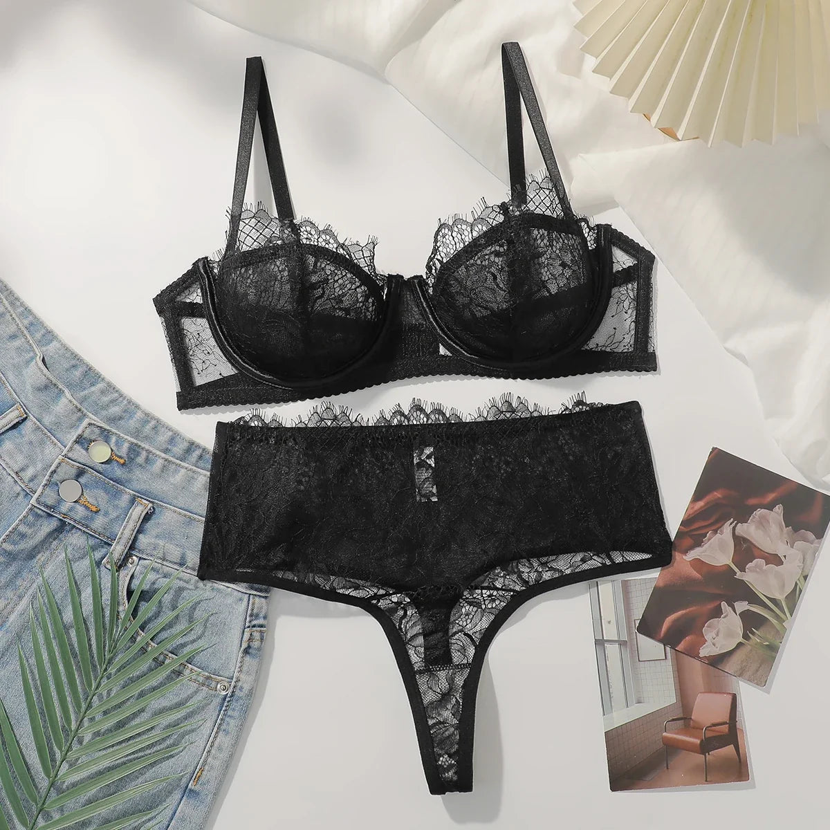 2-piece black lace ultra-thin transparent lingerie set sexy solid color set women's bra party thong underwear MR3406