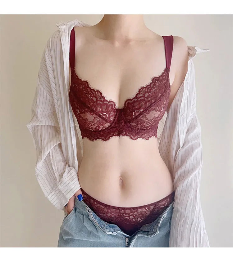 French Lace Bra Set Women Sexy Deep V Push Up Big Bust Minimizer Anti Sagging Support Wireless Comfort Summer Ultra Thin Cotton