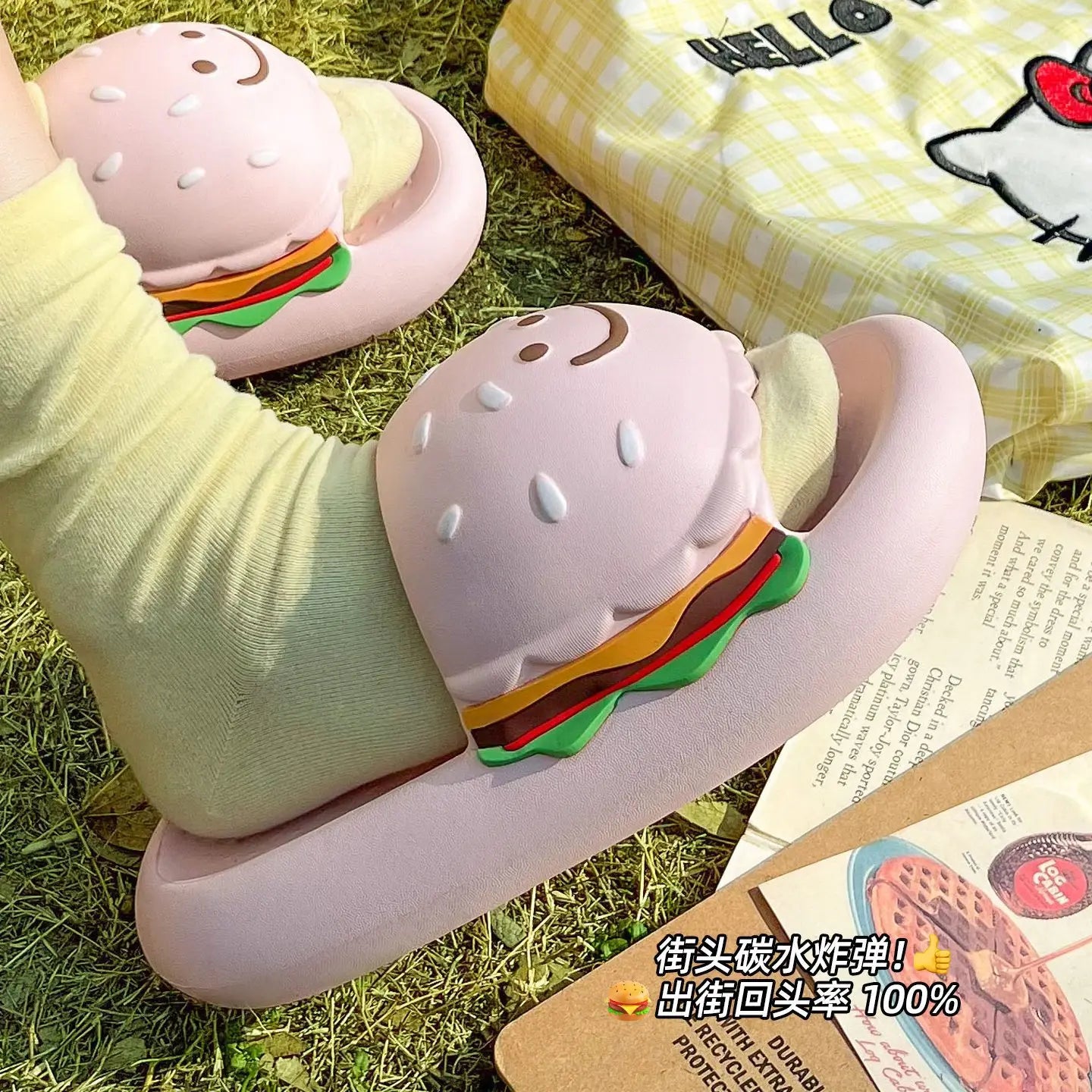 CartoonCutesy3D Sesame Burger Slippers for Women, Summer Outdoor & Home Wear, Anti-Slip Thick Soles, Flat Back Slides,Flip Flops
