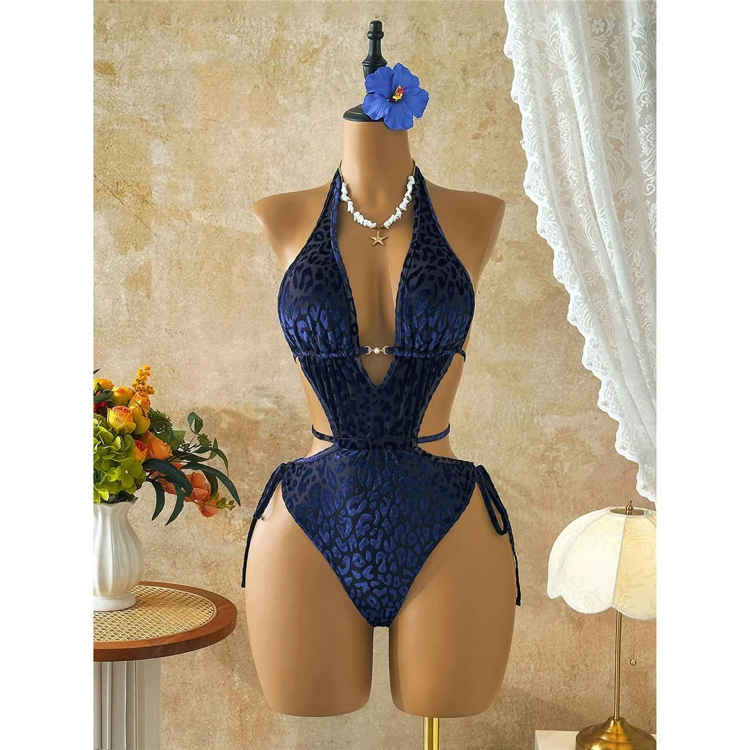 XS - L Deep V Neck Leopard Halter Women Swimwear Cut Out Wrap Around Bather Bathing Suit Swim One Piece Swimsuit Female K8077
