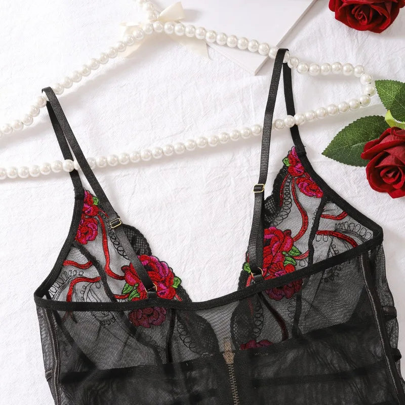 Toucheart Sexy Lace Mesh Transparent Underwear Women V-Neck Sexy Suspender Bodysuit With Zipper Exotic Sexy Printing Jumpsuit
