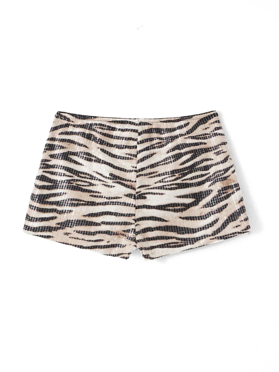 Women's Summer Hot Shorts Zebra Print Low Waist Sequin Short Pants Streetwear for Party