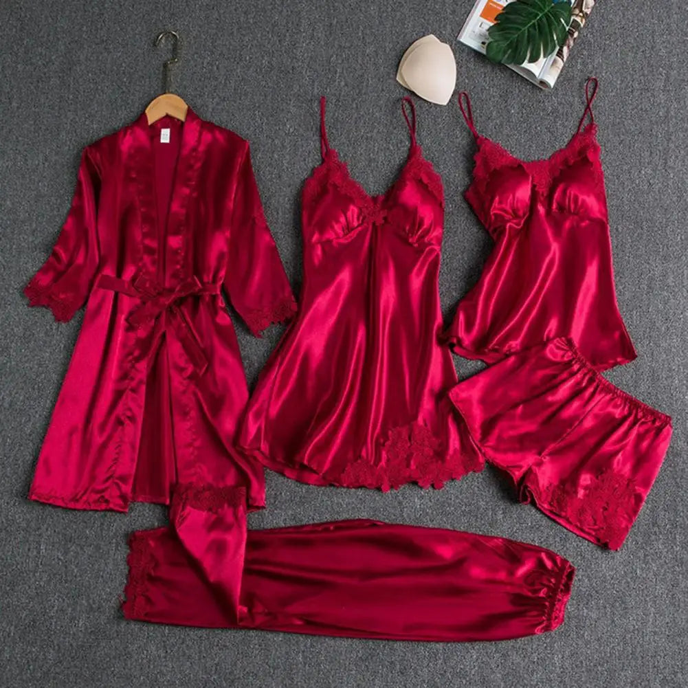 5 Pcs/Set Silky Satin Women Pajamas Set Nightgown Nightdress Top Shorts Pants Set Lace Patchwork Loose Thin Women Sleepwear