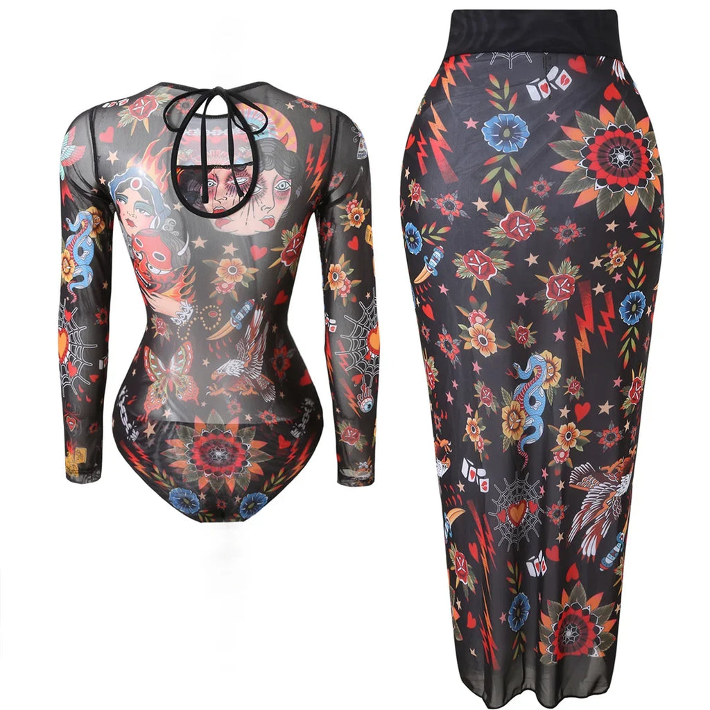 S - XXL Printed Long Sleeve With Sarong One Piece Swimsuit Women Swimwear Female Flowers Padded Bather Bathing Suit Swim V7181