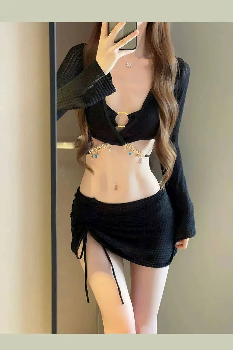 Women's Bikini Women's Four Piece Set, Split Fashion Skirt Style, Hollow Out, Conservative, Seaside Hot Spring Soaking