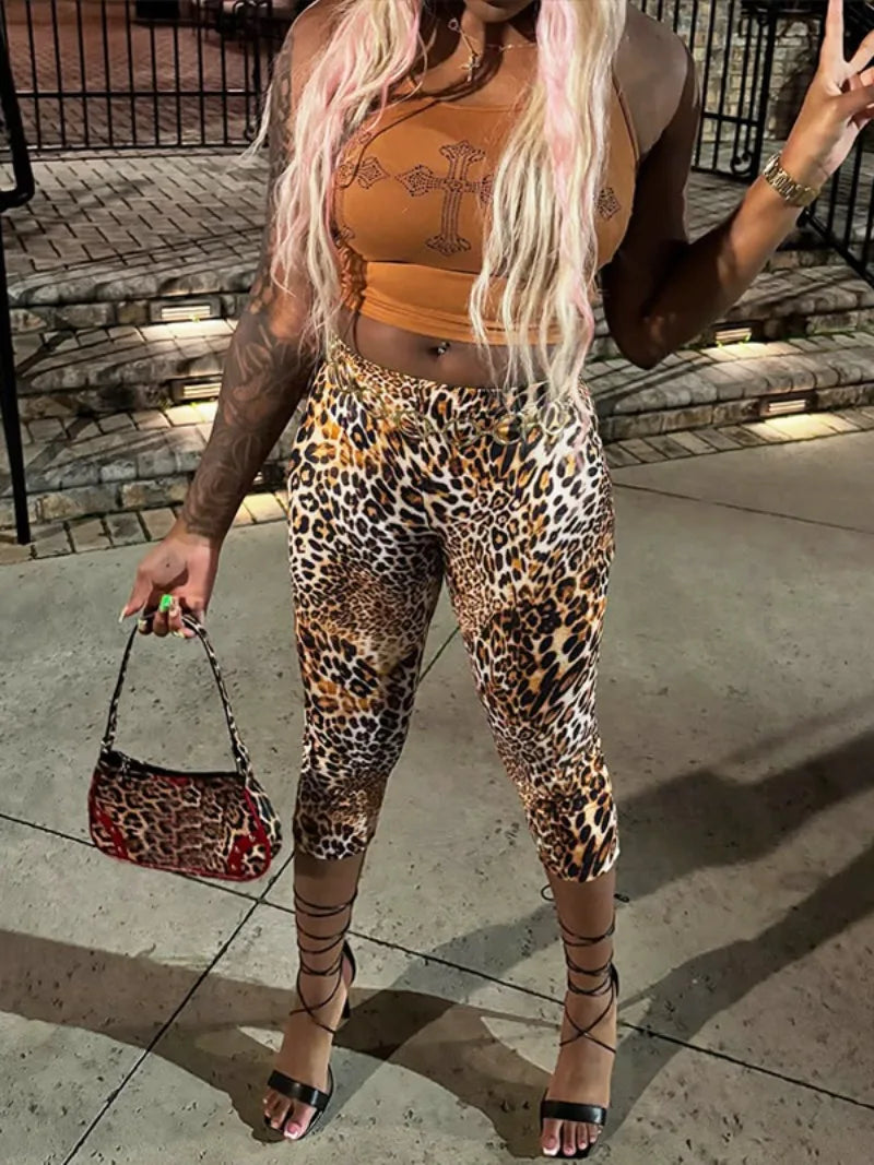 Sexy Leopard Print Knee-length Leggings Women 2026 Fitness Sports Yoga Tights Short Pants Streetwear Y2K Ladies Black Trousers
