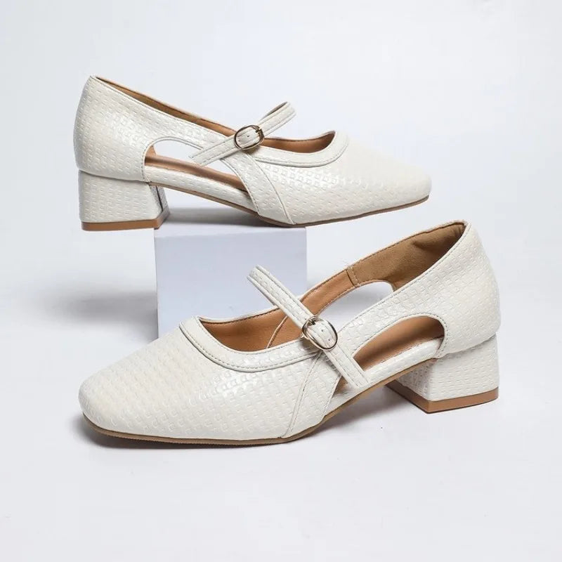 Extremely Comfortable French Shoes For Women Spring Summer Hollow Weave Square Toe Medium Chunky Heel Leather Beige Sandals