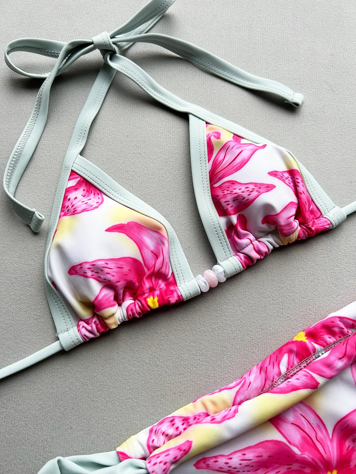 Boho Style Women's Floral Print Swimsuit Sexy Backless Lace-up Swimwear Push Up Thong Bathing Suit Female Bikini Set Beachwear