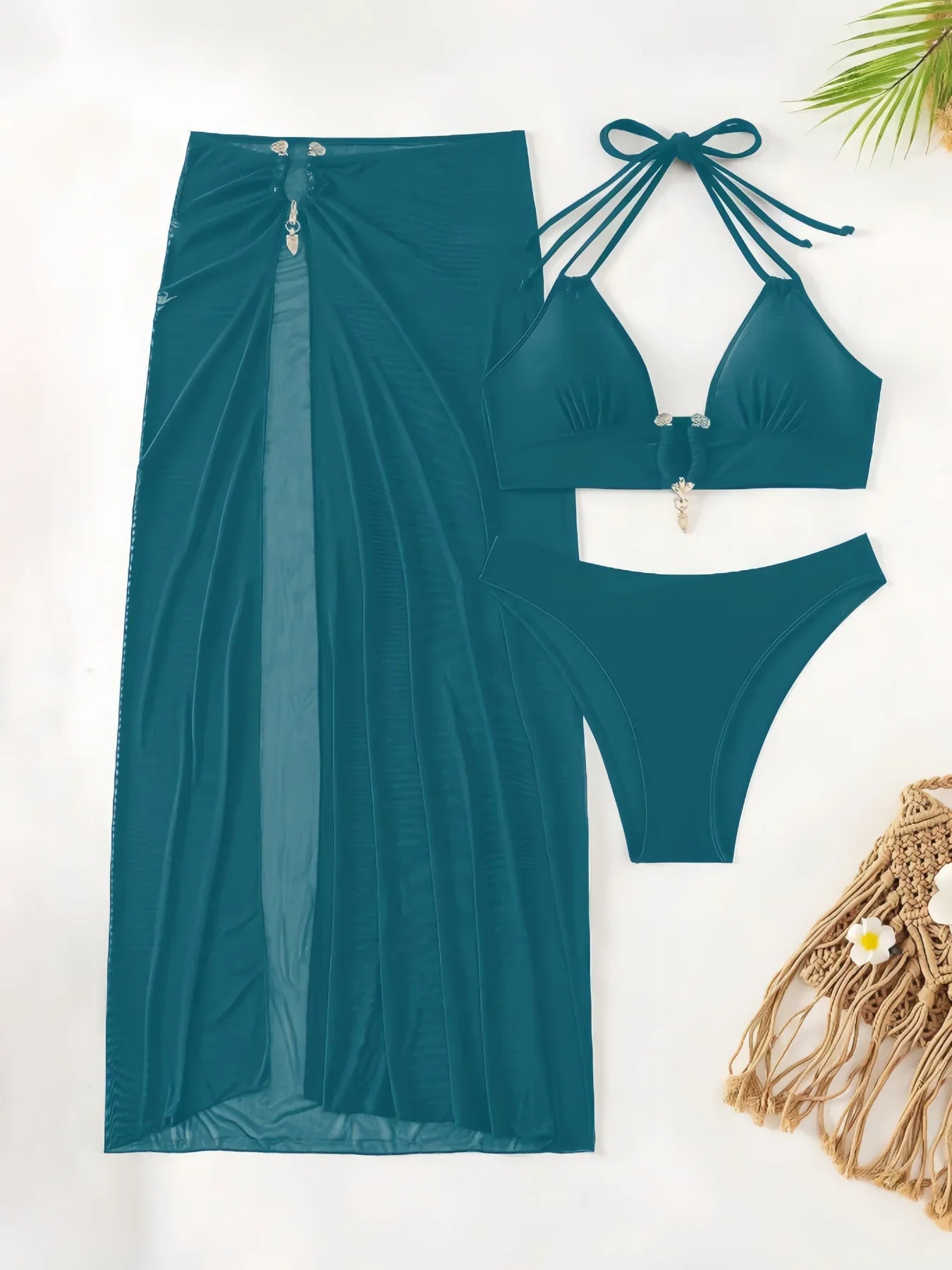 3 Pieces Halter Bikinis 2026 Solid Swimwear Female Sexy Swimsuit Women With Mesh Beach Dress Bathers Bathing Swimming Swim Suit