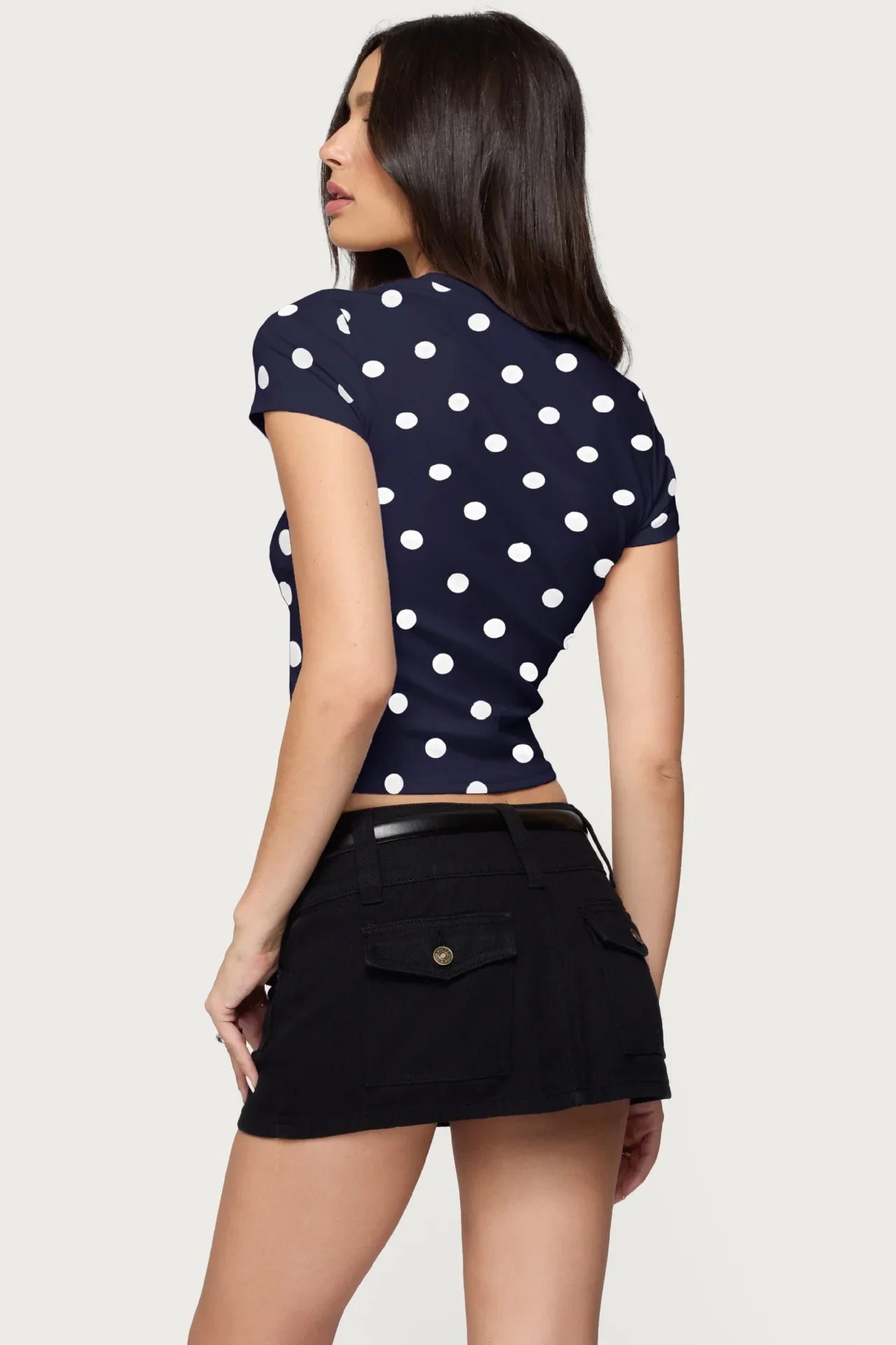 Women's summer fashion retro polka dot short-sleeved printed slim round neck top