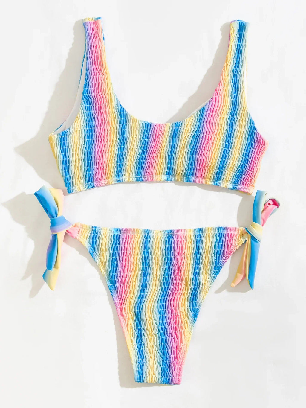 2026 New Sexy Bikini Women Rainbow Stripe Pleated Swimwear Swimsuit Knotted Bikinis Set Bathing Suit Beach Bikini Female Push Up