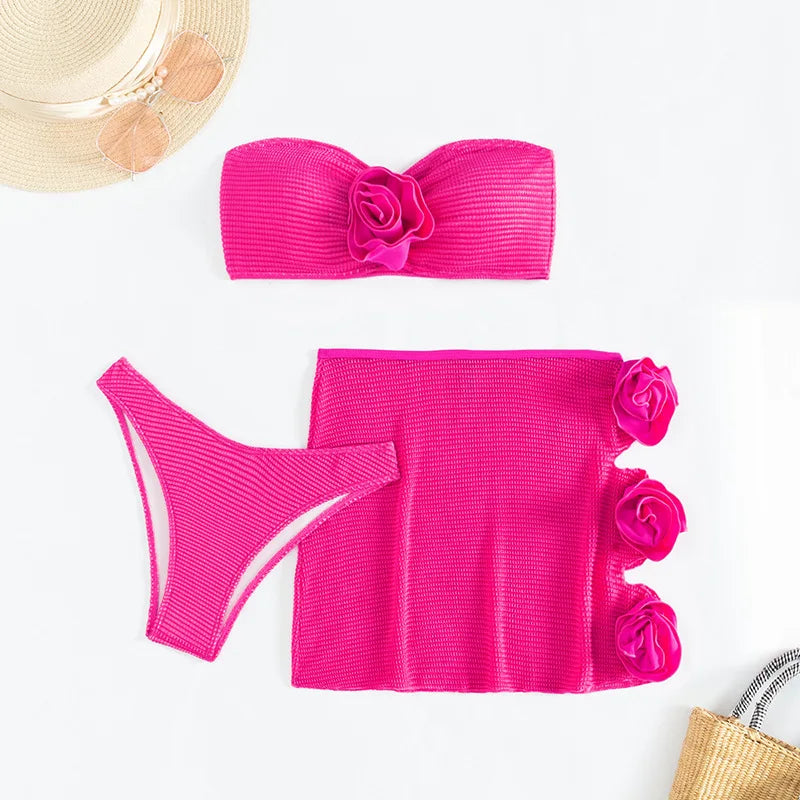 sexy 3D flower bandeau bikinis sets three pieces with flower hollow out mini skirt swimsuit bathing suit beach outfits biquini