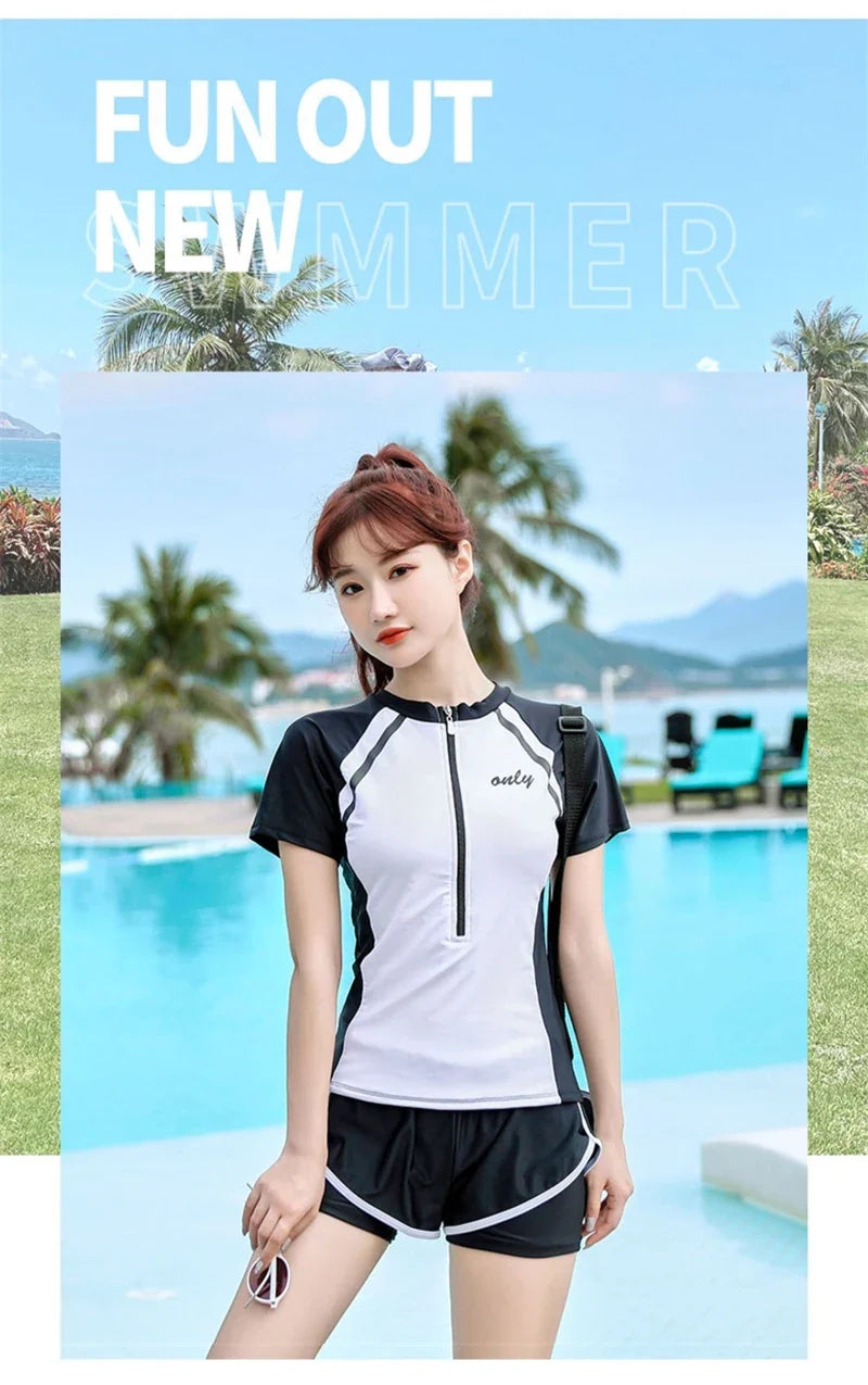 New Short Sleeve High Waist Two Pieces Swimwear Women Swimsuit Hot Spring Surf Bathing Swimming Suit Female Beach Wear