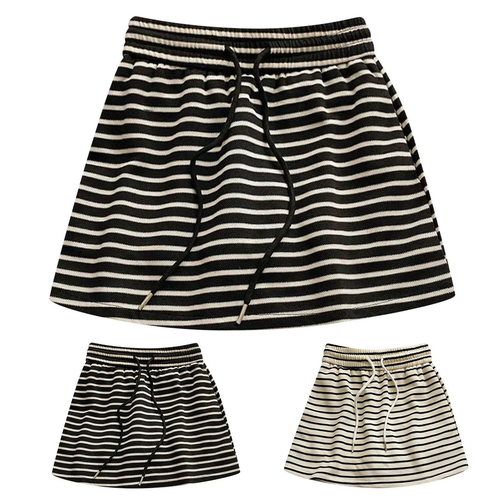 Women's Black White Striped Mini Skirt Drawstring Elastic High Waisted Sports Skirt Summer New Korean Style Sports Skirts 2026