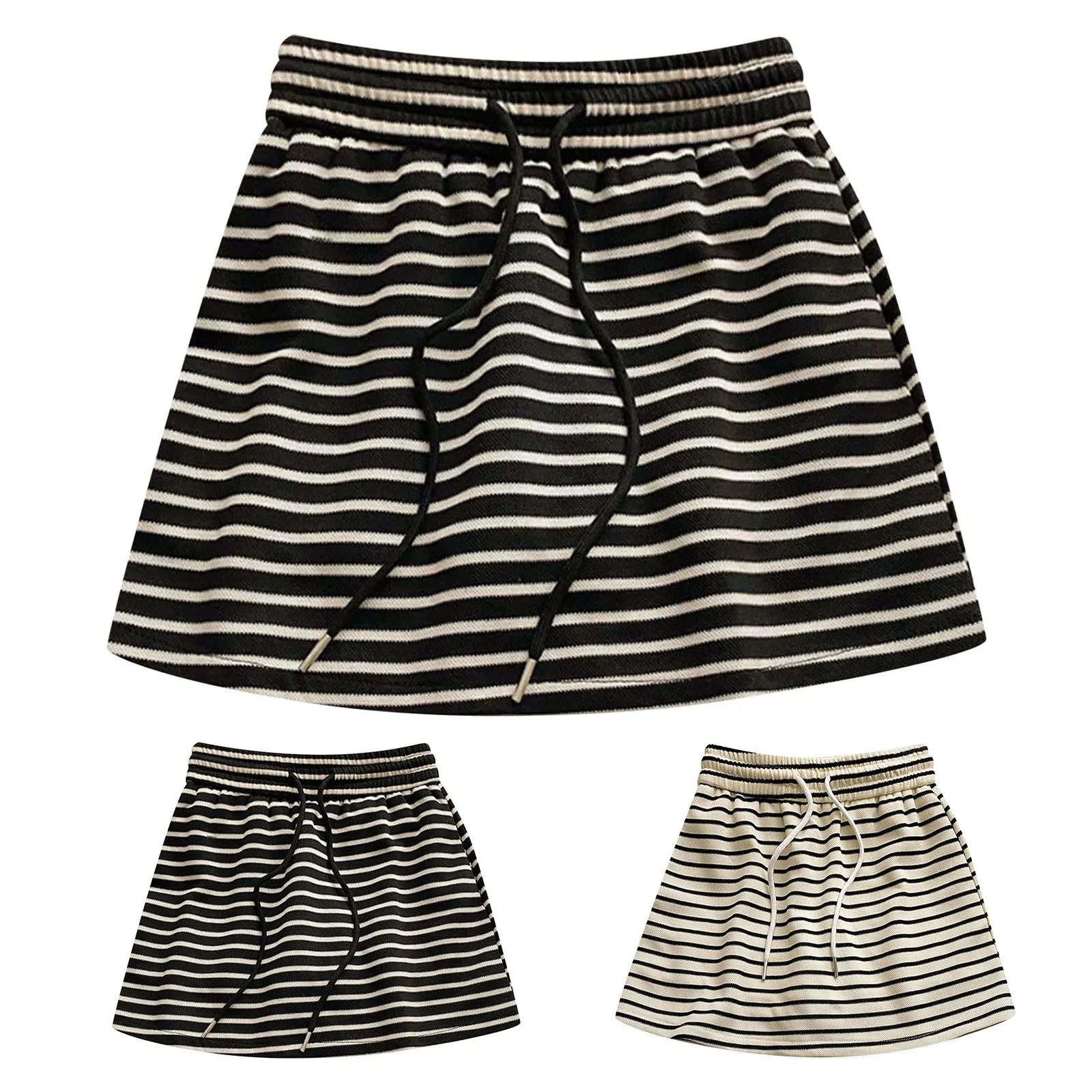 Women's Black White Striped Mini Skirt Drawstring Elastic High Waisted Sports Skirt Summer New Korean Style Sports Skirts 2026