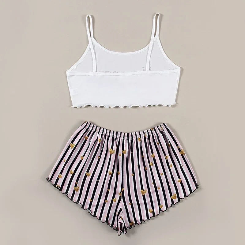 Summer Casual Pajamas Set for Women Sleepwear Sexy Lingerie Sleeveless Striped Tank Top Vest + Shorts Set Pijamas Homewear