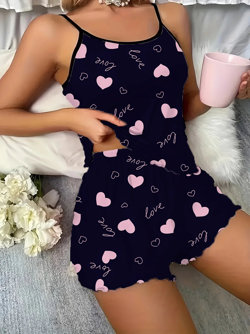 Women's Bow Heart Print Pajamas Set Home Wear Backless Crop Top and Shorts, Comfortable Loose Fit Summer Sleepwear