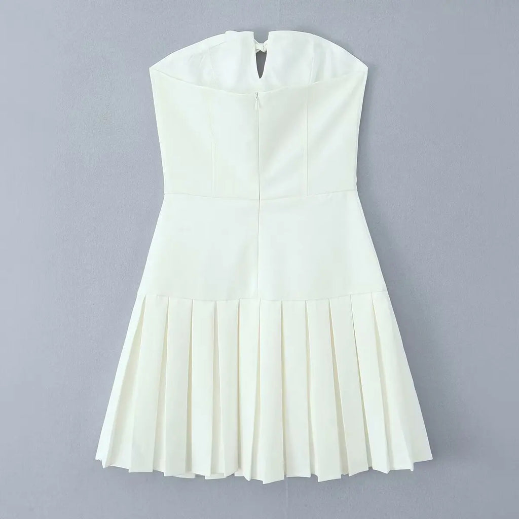 Bowknot Off Shoulder Strapless Party Short Dress for Women 2025 Elegent Lady White Pleated Mini Vestidos Female Backless Dress